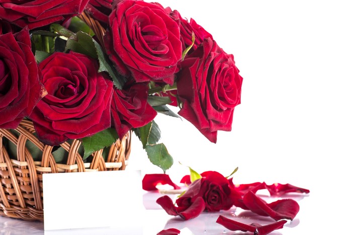 Basket of Wine Colored Roses with Petals