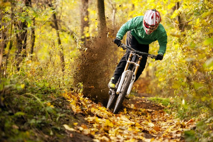 Mountain biker riding through an autumn forest