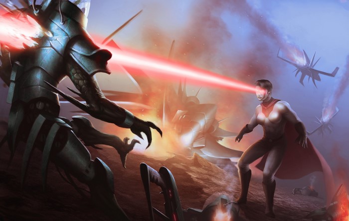 Superman battling alien warriors with heat vision