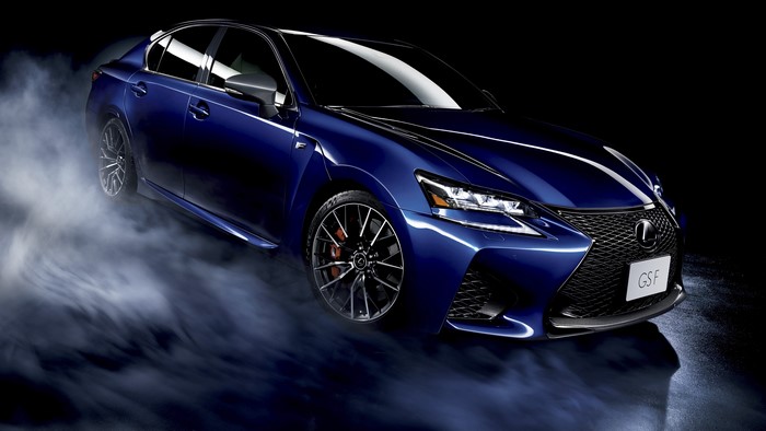 Blue Lexus GS F with smoke