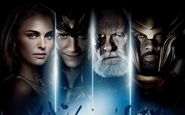 Jane Foster, Loki, Odin, and Heimdall from Thor