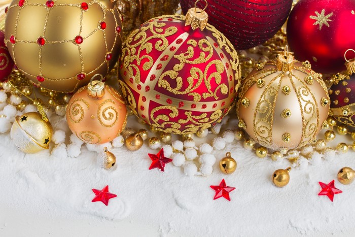 Christmas ornaments and decorations on snow