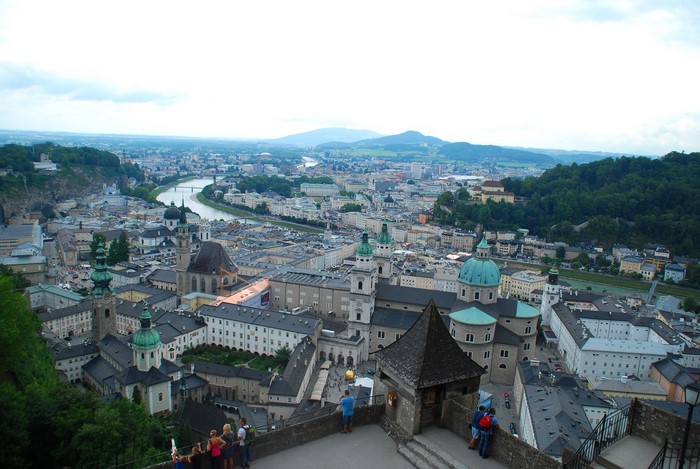 Salzburg cityscape with river and mountains