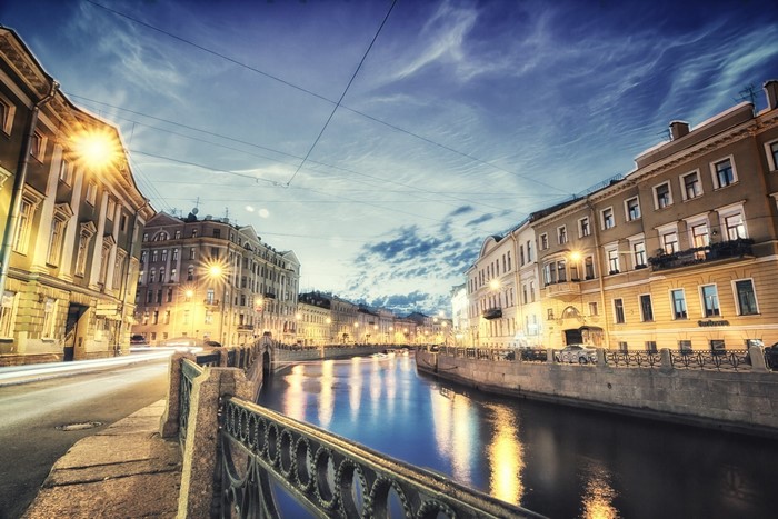 Evening view of a canal in St. Petersburg, Russia