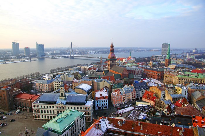 Riga, Latvia: Cityscape with River and Bridges