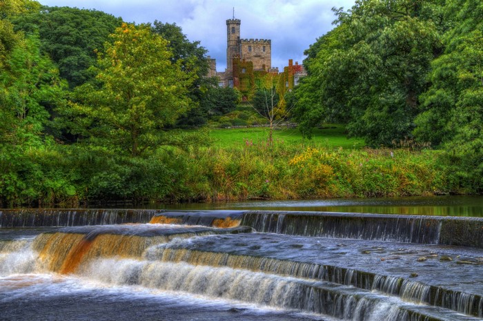 Hornby Castle and waterfalls in England