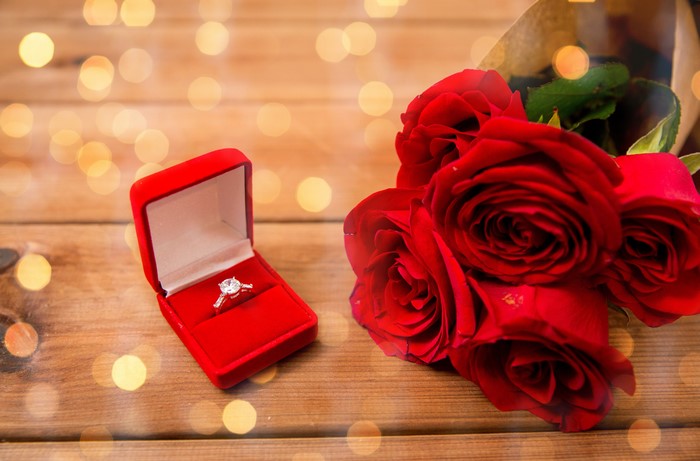 Red Roses and Diamond Ring in Box