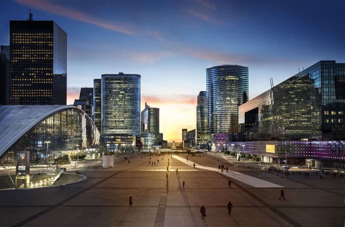 Modern city skyline at dusk in Paris, France