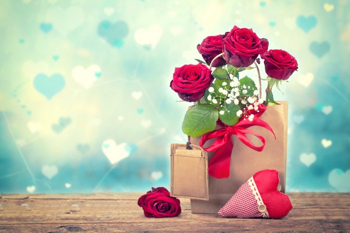 Red Roses in a Gift Bag with Hearts