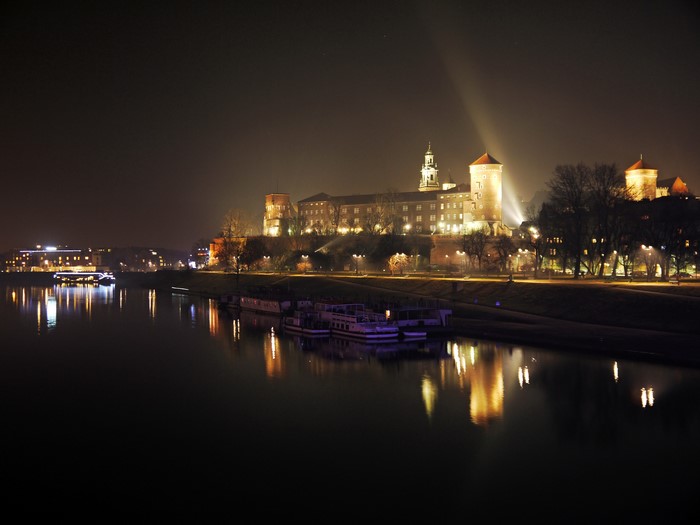Wawel Castle and Vistula River at Night, Krakow, Poland