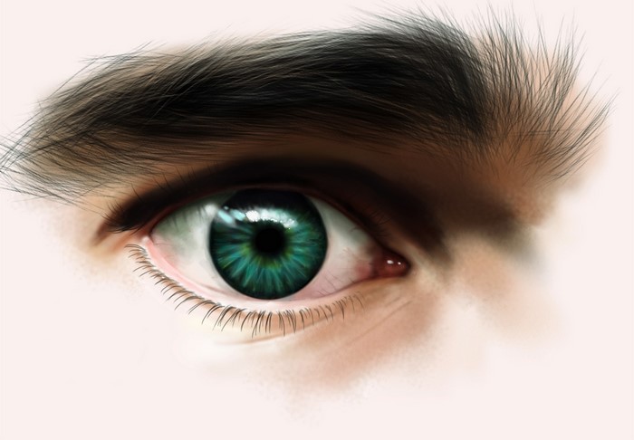 Close-up painting of a human eye with green iris