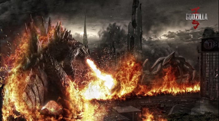 Godzilla breathing fire in a burning city