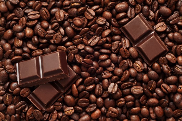 Chocolate bars on coffee beans