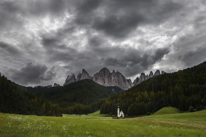 4K Dolomites St. Johann Mountains Grasslands Forests Clouds