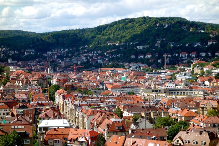 Cityscape of Stuttgart, Germany with forested hills