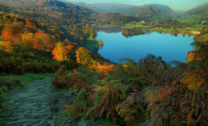 Autumn landscape with lake and mountains in Cumbria, England