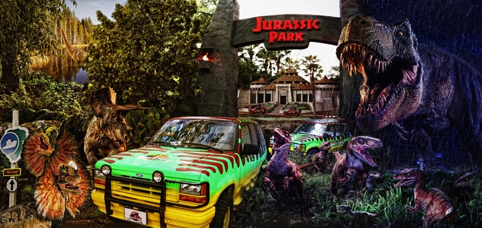 Jurassic Park Entrance with Dinosaurs and Vehicles