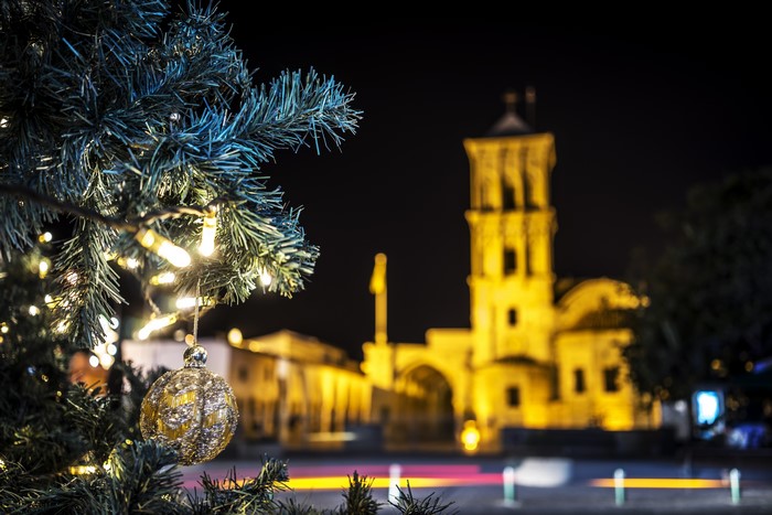 Christmas Tree with Ornament and Church at Night in Cyprus