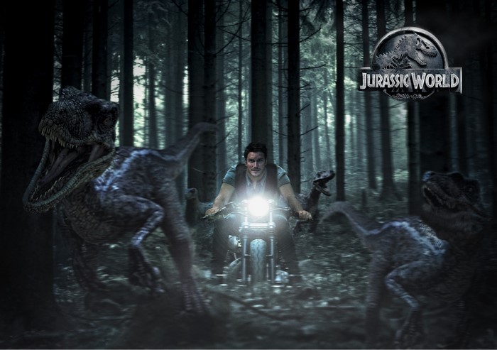 Chris Pratt riding a motorcycle with dinosaurs in Jurassic World