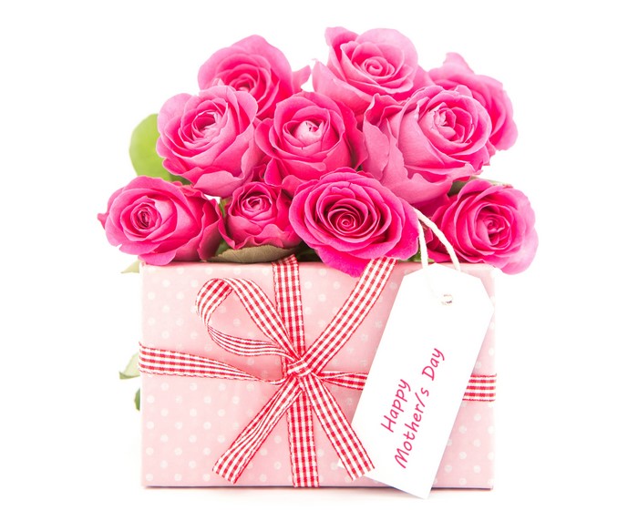 Pink roses bouquet on a gift box with Happy Mother's Day tag