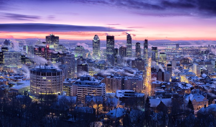 Montreal skyline at dusk in winter