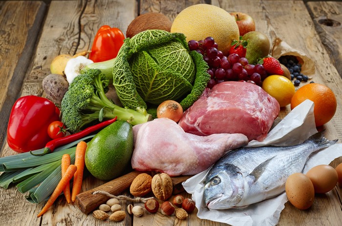 Assortment of Raw Foods: Meat, Fish, Vegetables, Fruits, Nuts, and Eggs