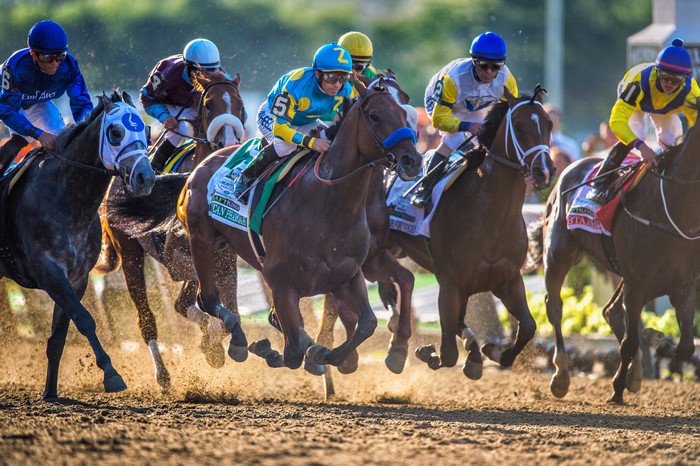 Horse race with jockeys