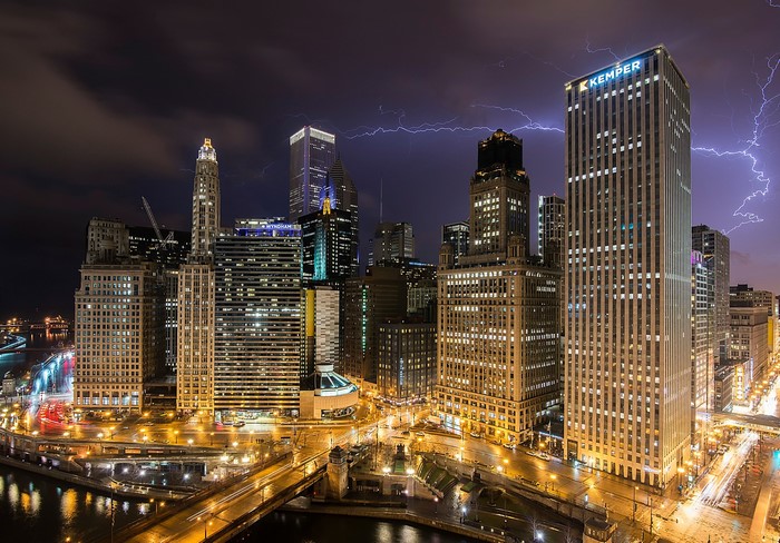 Chicago City Skyline at Night with Lightning
