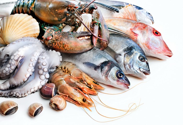 Assortment of fresh seafood including lobster, octopus, shrimp, and fish