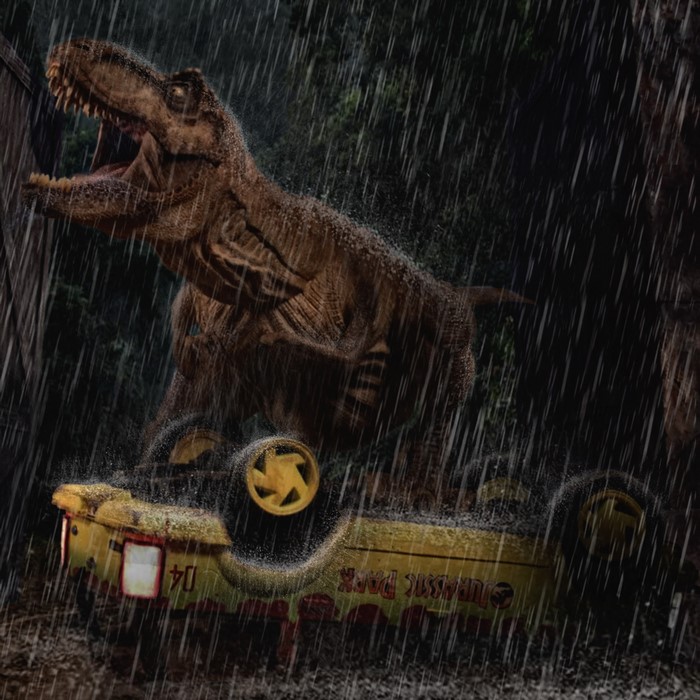 Tyrannosaurus Rex attacking Jurassic Park vehicle in rain