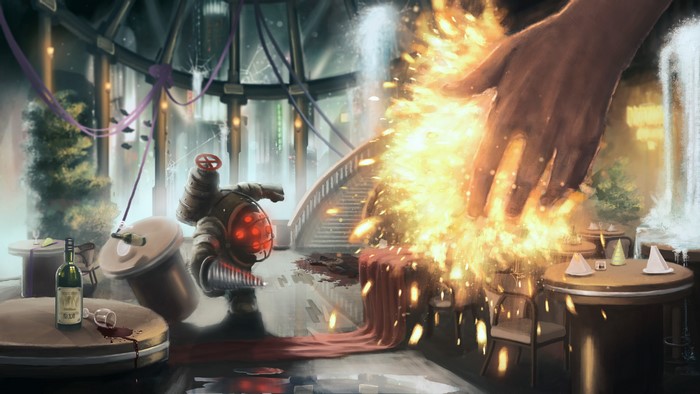 Big Daddy from BioShock in a fiery explosion