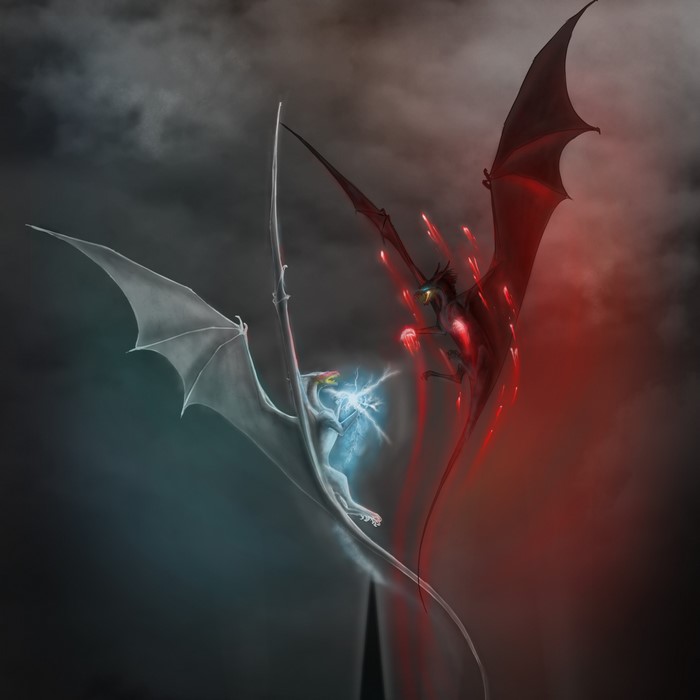 Two dragons battling with magical energy