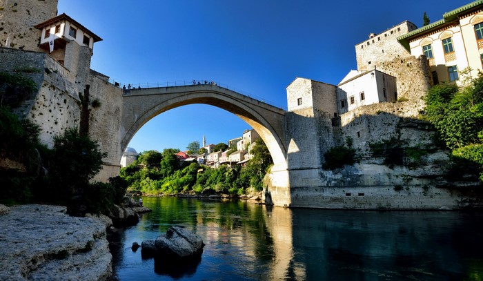 Stari Most bridge over Neretva River in Mostar, Bosnia and Herzegovina