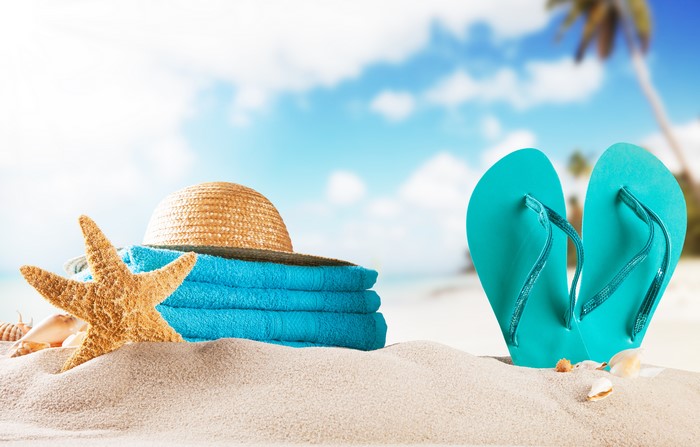 Summer Beach Scene with Starfish, Hat, and Flip-flops