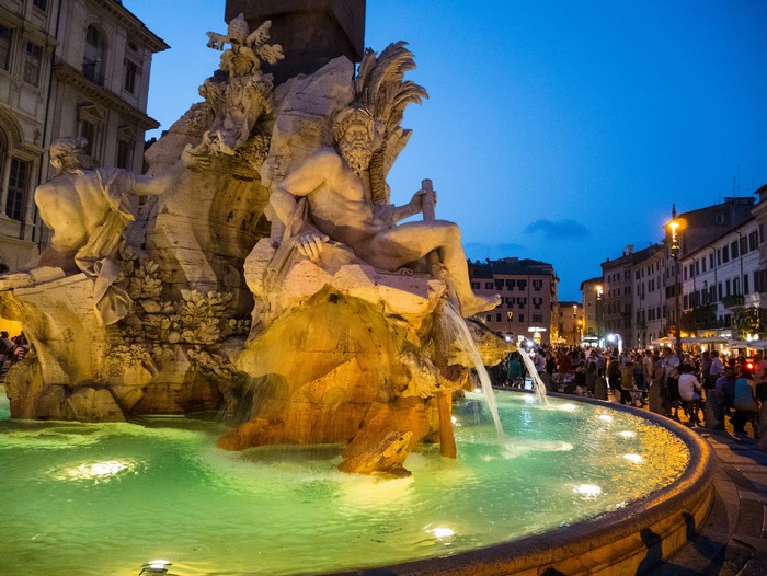 Fountain of Four Rivers in Piazza Navona, Rome at Dusk