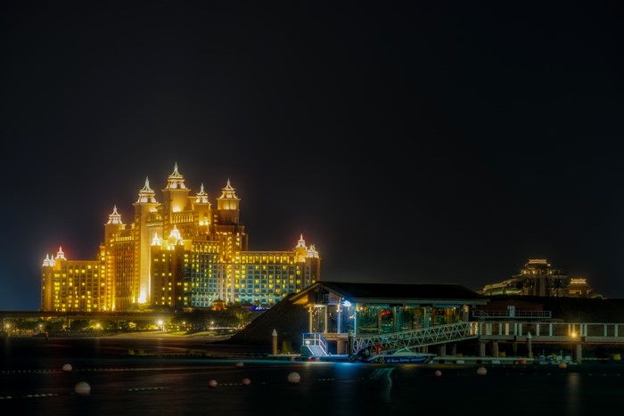 Atlantis The Palm hotel at night in Dubai
