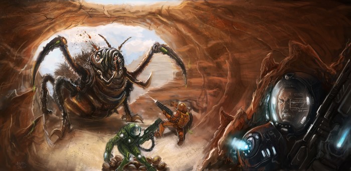 Soldiers fighting a giant insectoid creature in a cave