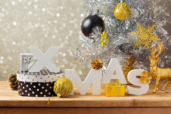 Christmas decorations with XMAS letters and gifts