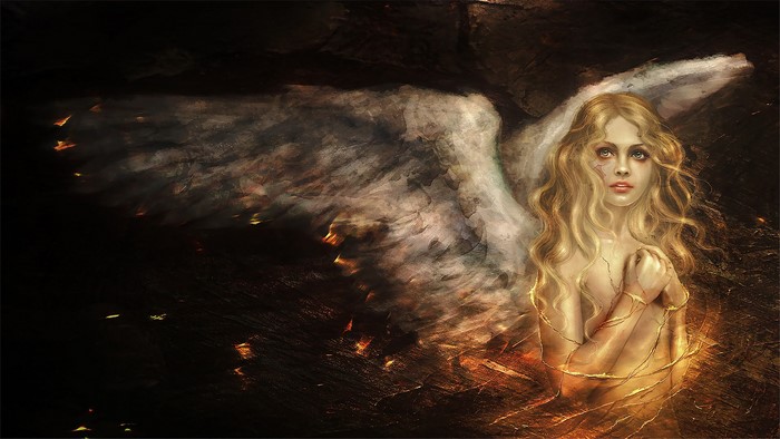 Blonde angel with white wings in dark background