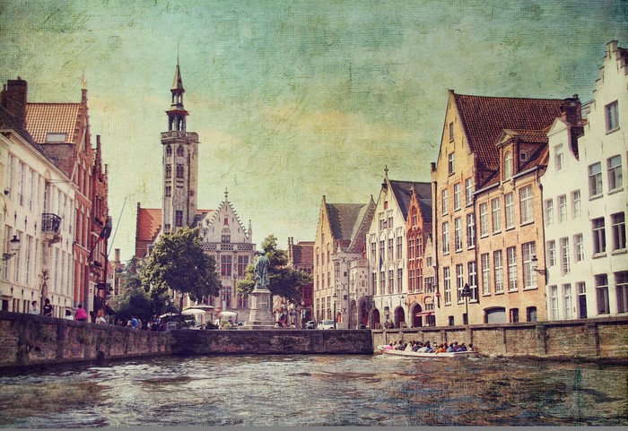 Canal in Bruges, Belgium with historic buildings
