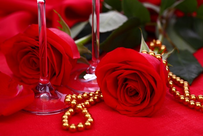 Red Roses and Gold Beads with Wine Glasses