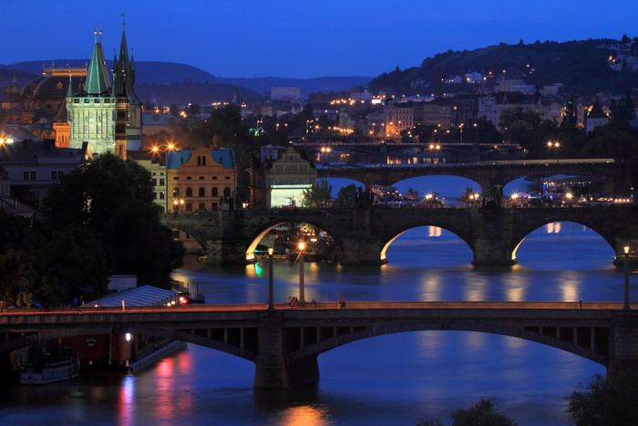 Prague bridges and buildings at night