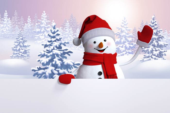 Snowman in a winter forest with a blank sign