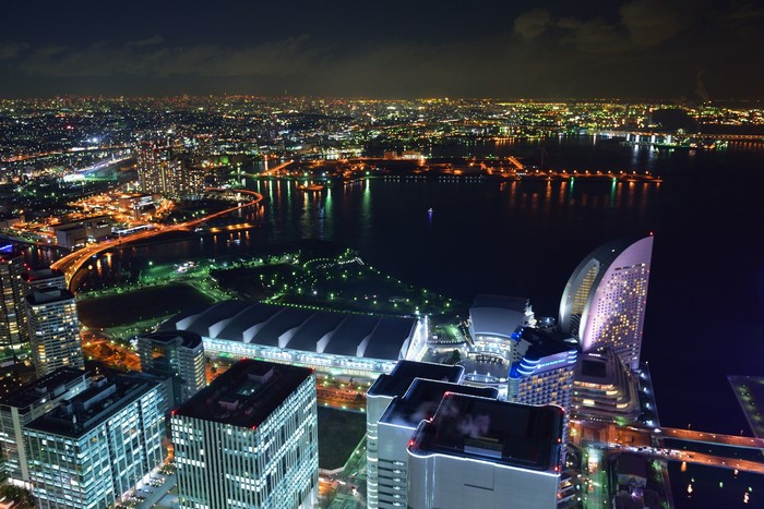 Yokohama cityscape at night from above, Japan