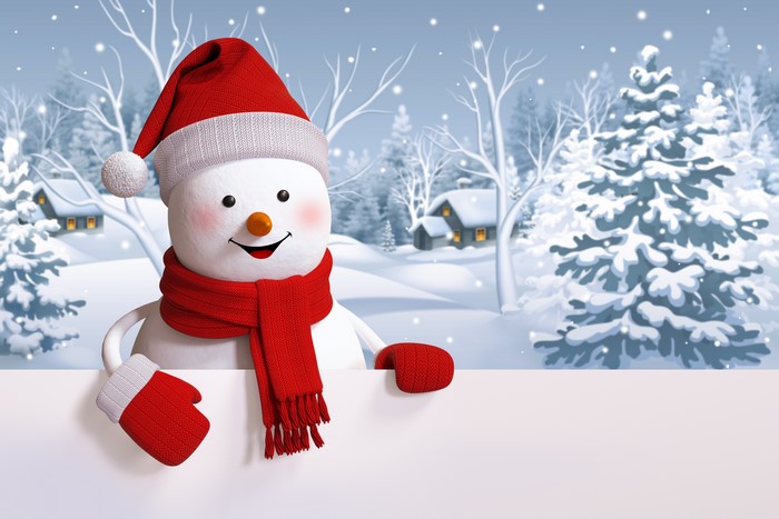 Snowman with Santa hat and scarf in winter landscape