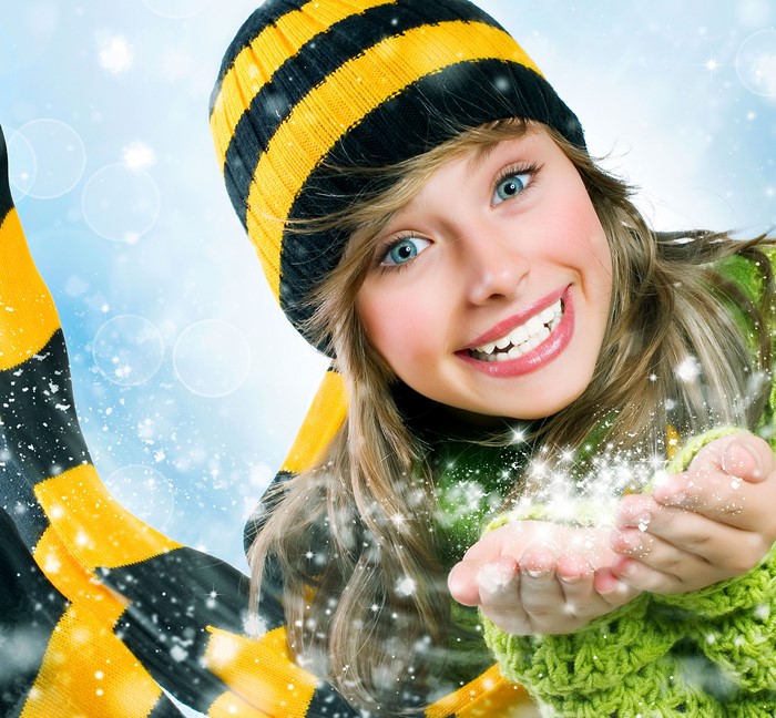 4K Winter Smiling Girl with Snowflakes
