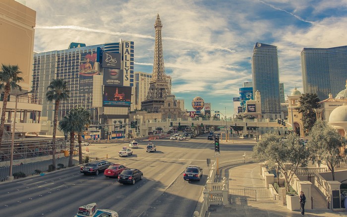 Eiffel Tower and casinos on the Las Vegas Strip, USA