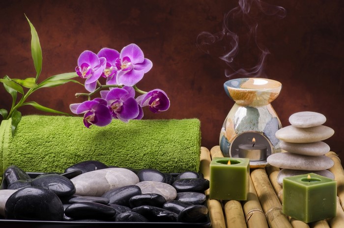 Spa Stones, Orchid, Candles, and Towel