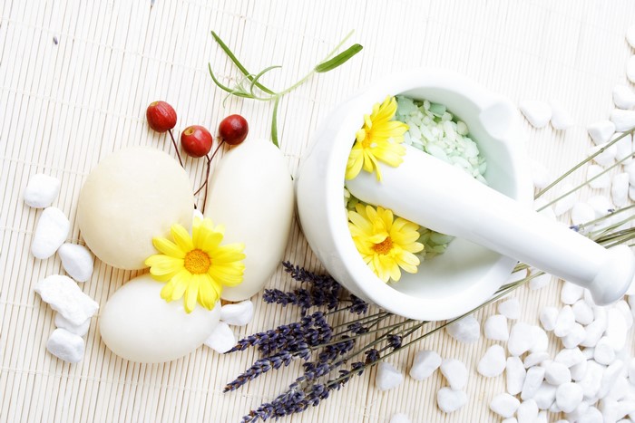 Spa items with flowers and stones