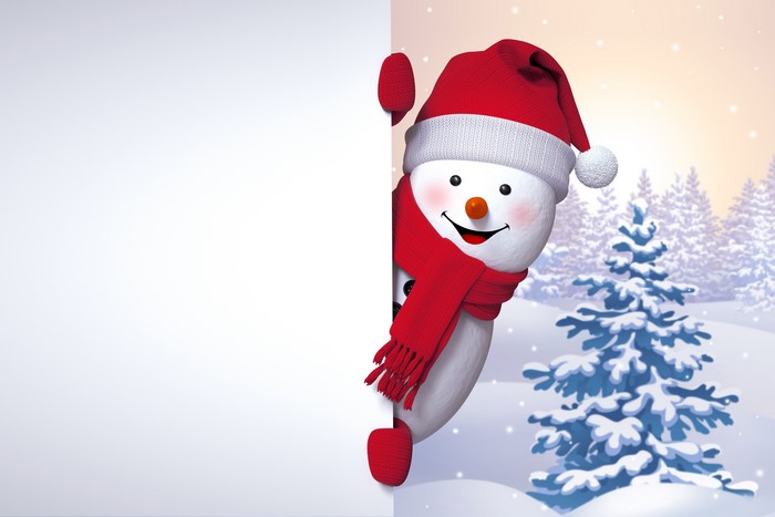 Snowman with Red Scarf and Hat Peeking from White Board
